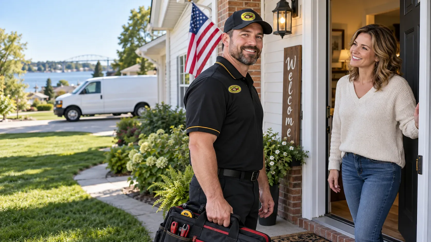 A Dunnrite technician greeting a homeowner at her front door